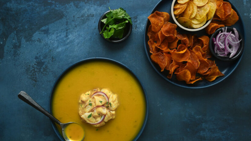 Peruvian ceviche with a side of sweet potato and plantain chips