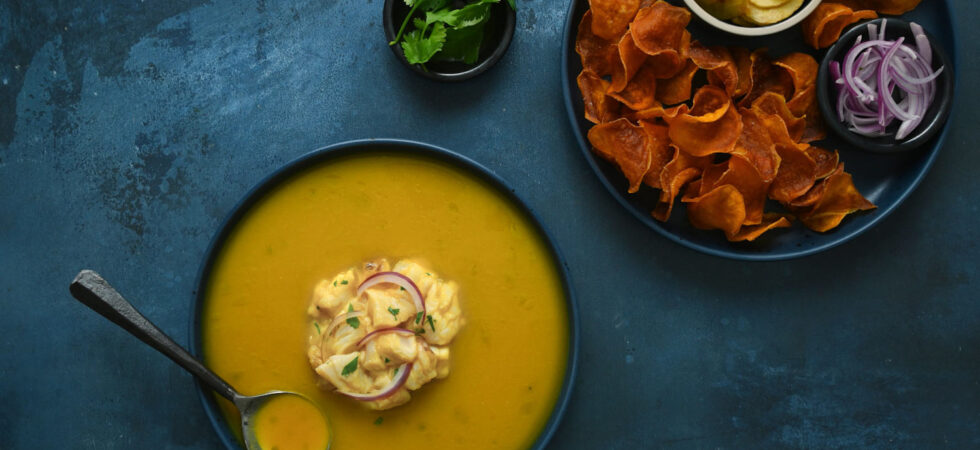 Peruvian ceviche with a side of sweet potato and plantain chips