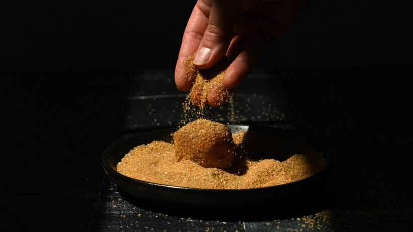 Covering a toasted milk powder snickerdoodle in cinnamon-sugar