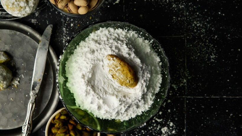 Pistachio Paste Stuffed, Pistachio Snowball Cookies - A Little Spoon