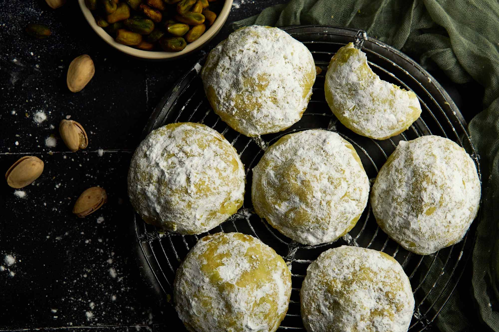 Pistachio Paste Stuffed, Pistachio Snowball Cookies - A Little Spoon