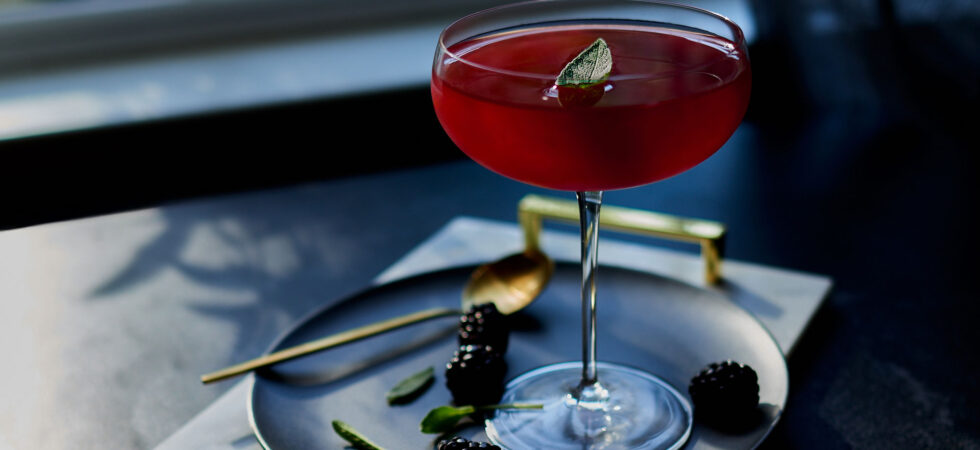 Mezcal blackberry shrub cocktail in a coupe glass and dappled light, with a sage leaf garnish.