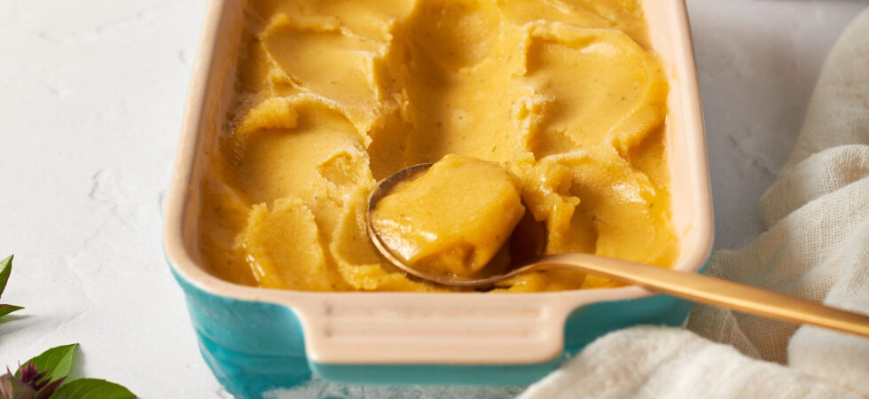 a spoonful of mango, pineapple tropical sorbet.