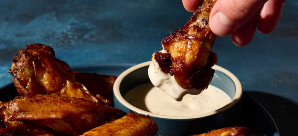 Close-up of crispy, air fryer chicken wings.