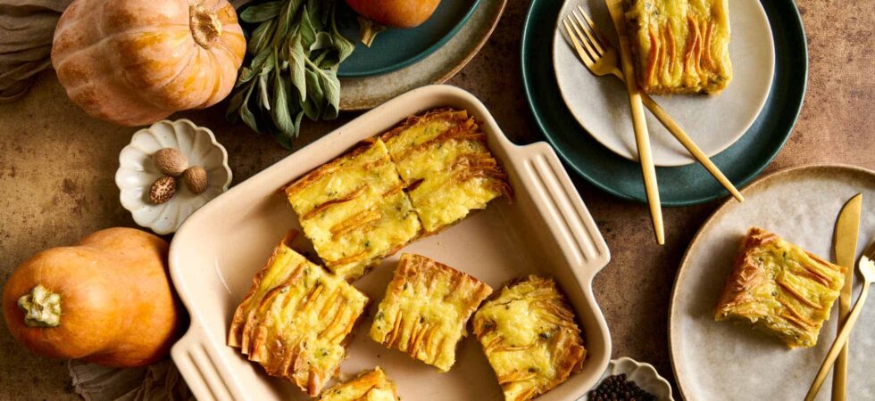 Cheesy Squash and Sage Soufra portioned out and served.