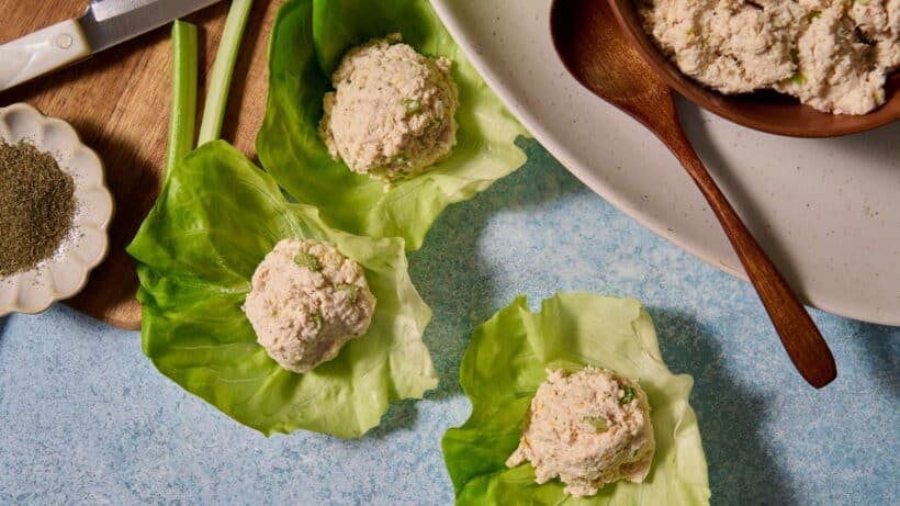 lettuce cups filled with rotisserie chicken salad.