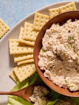 rotisserie chicken salad with crackers.